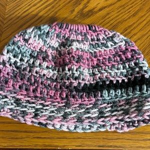 Handmade messy bun pony tail beanie hat Pink Gray Black